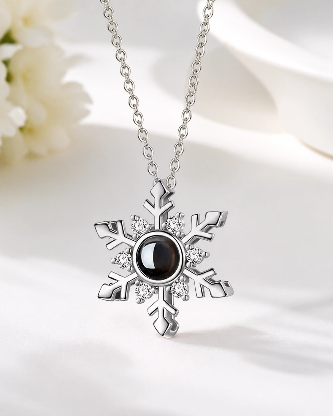 Icy Snow snowflake photo projection necklace hanging