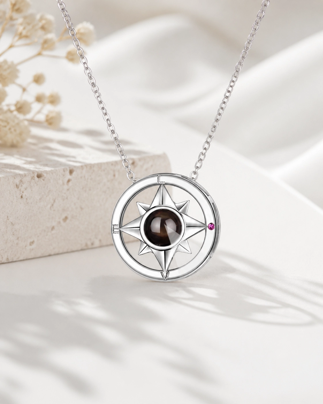 Northern Star compass photo projection necklace hanging